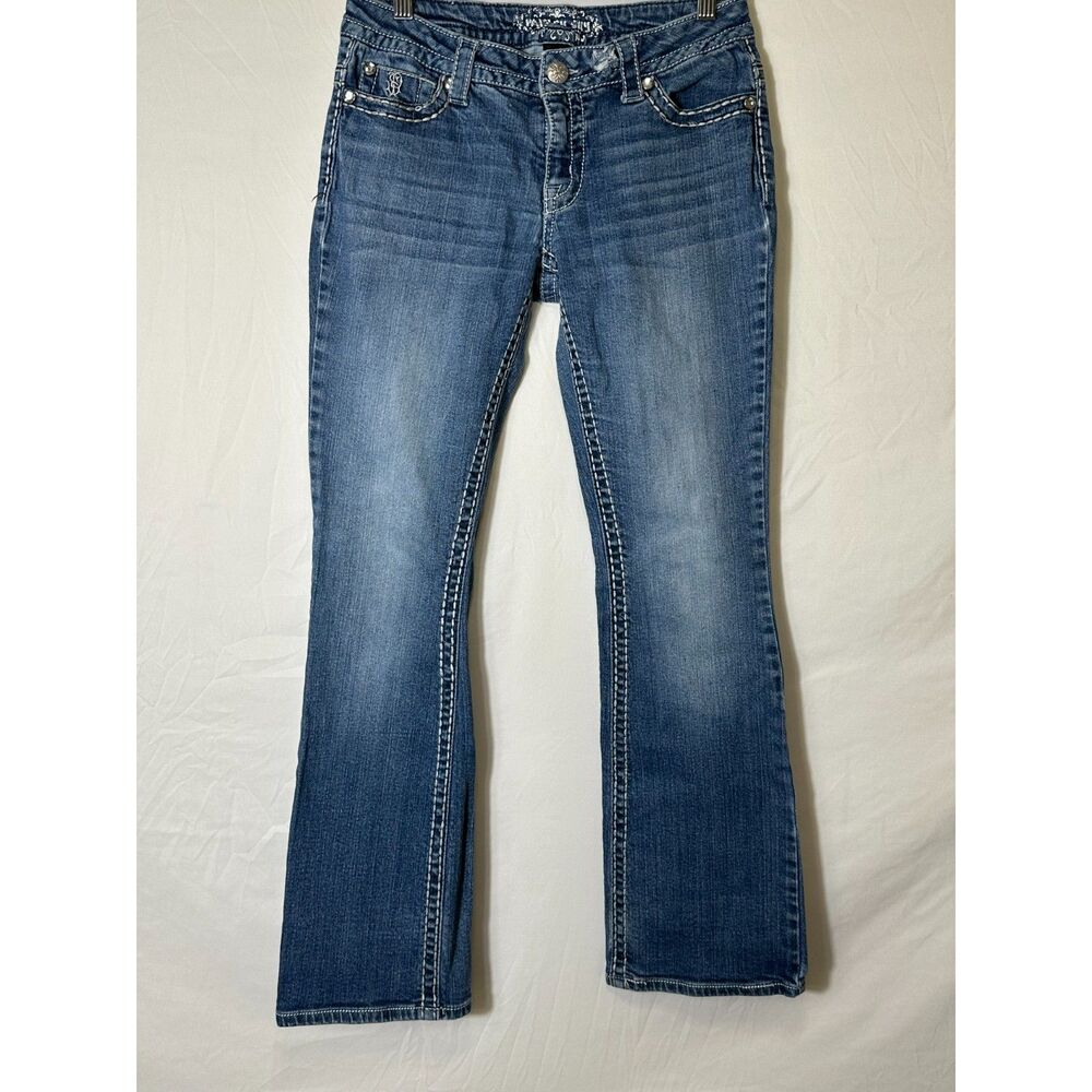 Paisley Sky Women's Low Rise Boot Cut Embellished Distressed Blue Jeans, Size 6